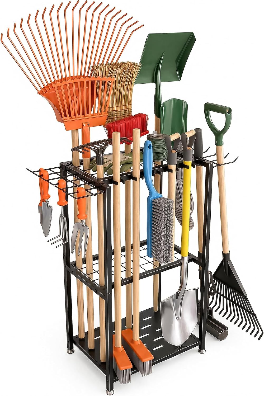 Faesun Garden Tool Organizer, 3-Tier Metal Yard Tool Rack with 14 Hooks &...