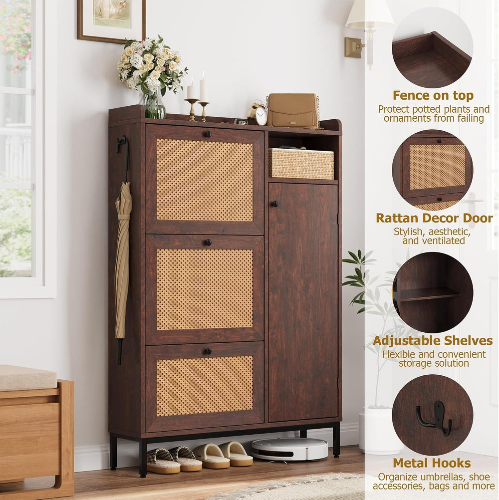 GarveeHome Shoe Cabinet Rattan with 3 Flip Drawers