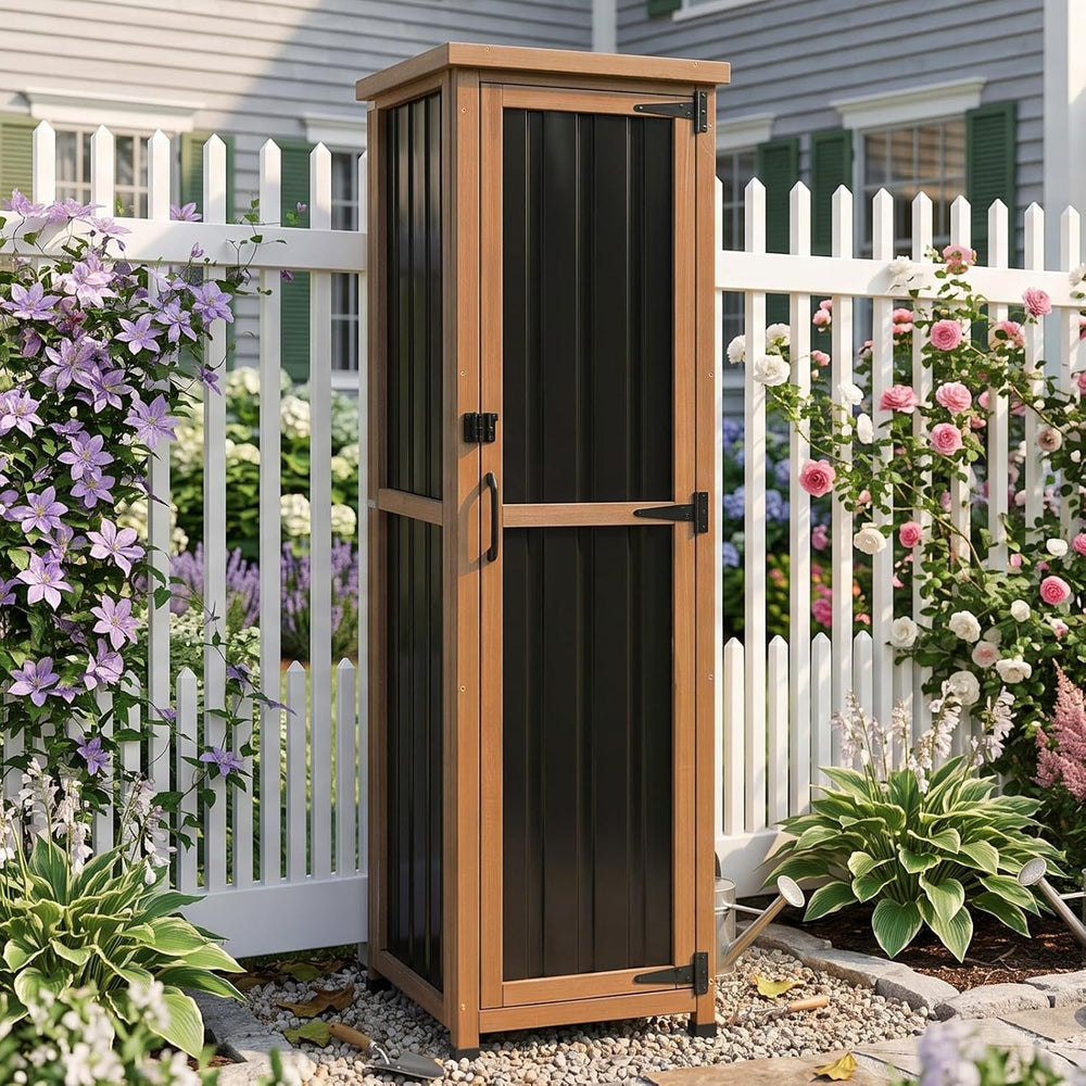 62" H Tall Narrow Outdoor Storage Cabinet with Metal Top, Outdoor Shed S...