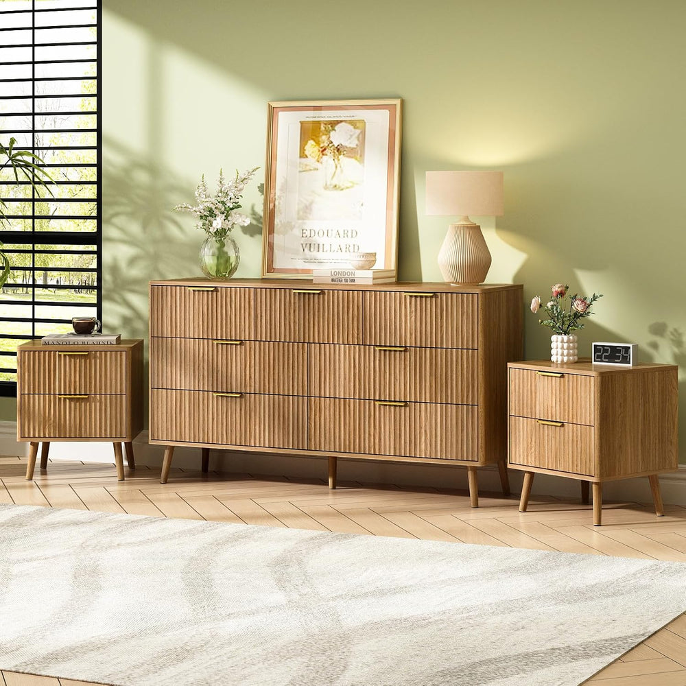 CARPETNAL Fluted Dresser and Nightstand Sets for Bedroom, 3 Pcs Bedroom Set, ...