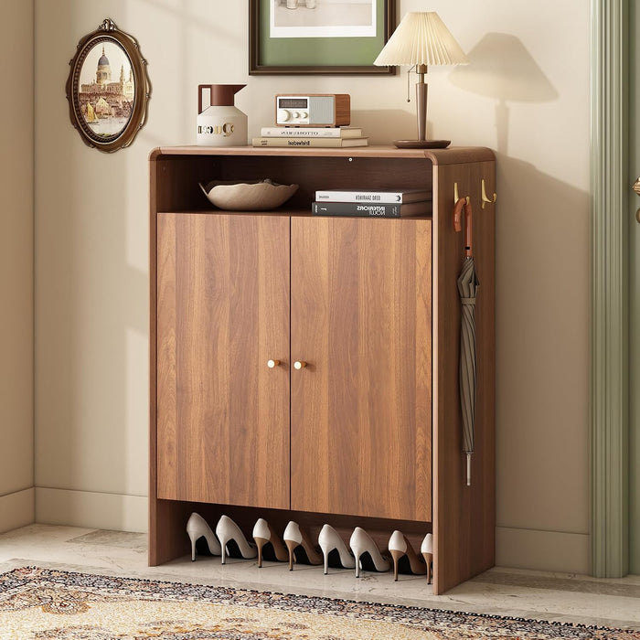 Walnut Shoe Cabinet with Doors, Large Shoe Storage Cabinet for Entryway, Freestanding Shoe Organizer with Adjustable Shelves, Metal Hooks, Rounded Corners, Modern Wooden Entryway Shoes Storage Cabinet