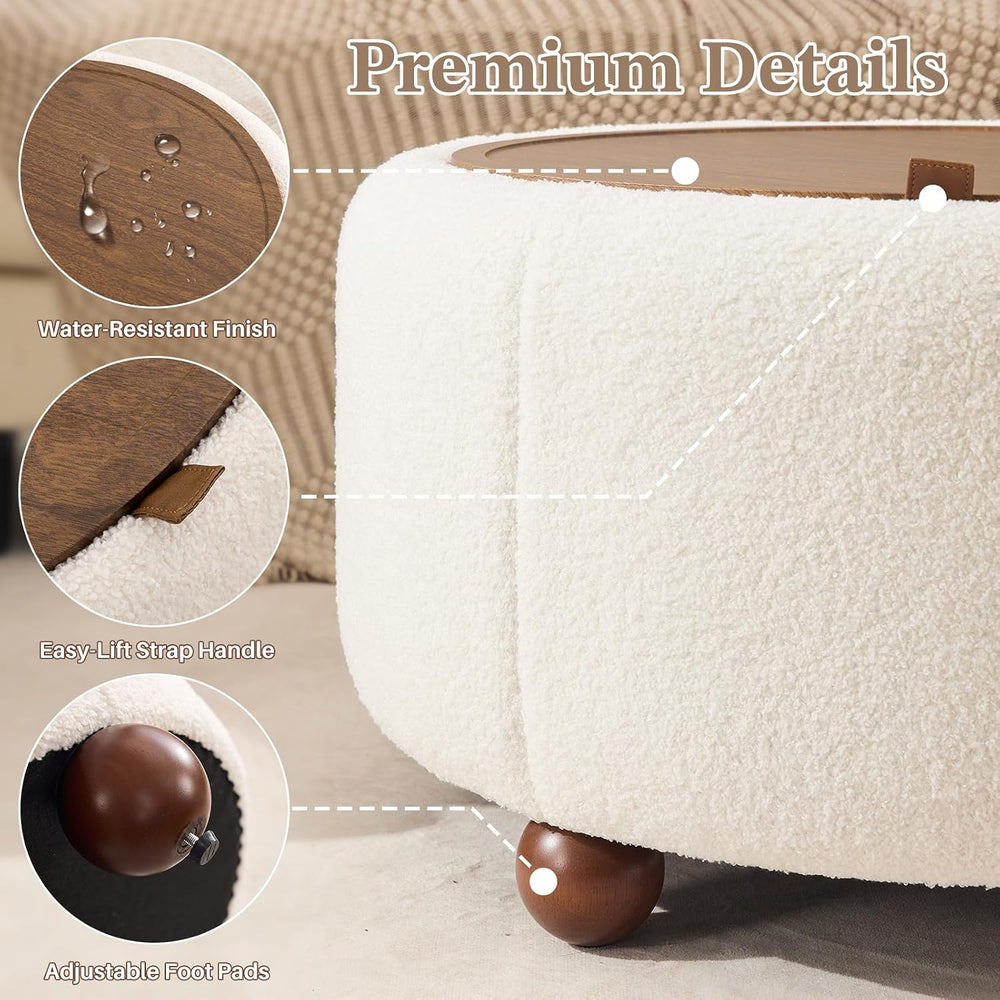 Round Storage Ottoman Coffee Table with Removable Top & Solid Wood Legs