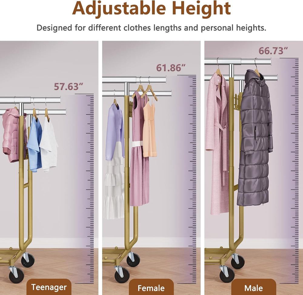Hoctieon 2-Minute Assembly Double Rod Clothes Rack, Heavy Duty Rolling Clothi...