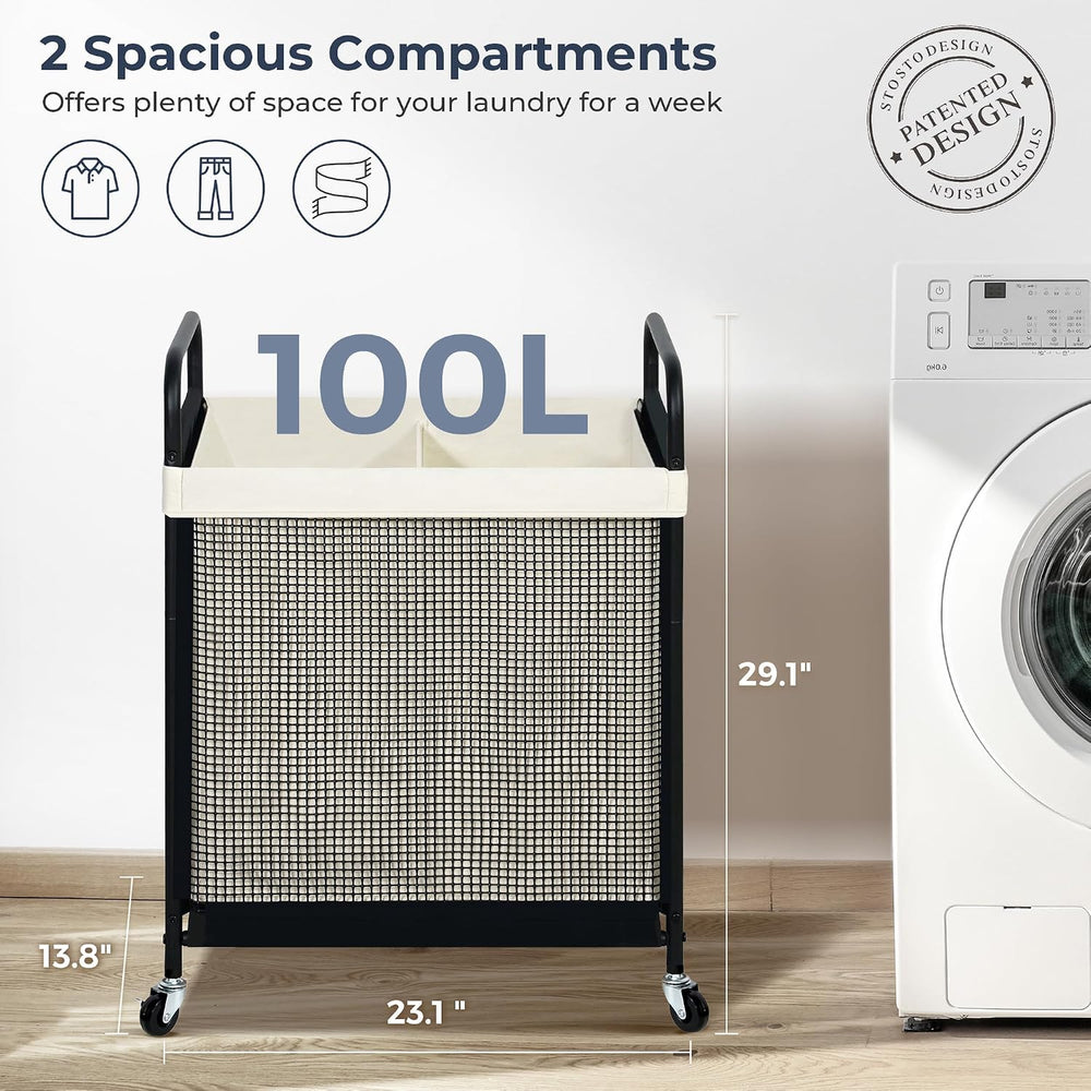 STO STO Laundry Hamper 2 Section, 100L Rolling Laundry Sorter Cart with Remov...