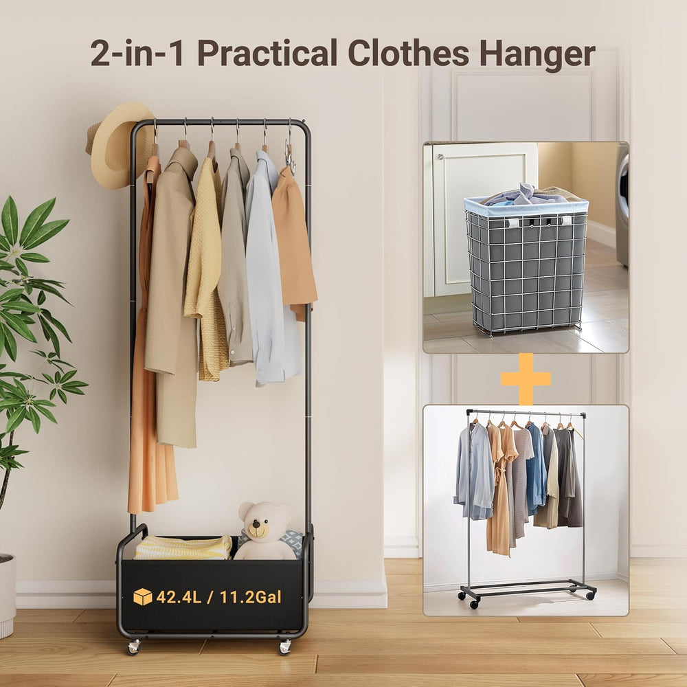 Dunatou Small Clothes Rack with Wheels & Bottom Basket – Heavy Duty Rolli...