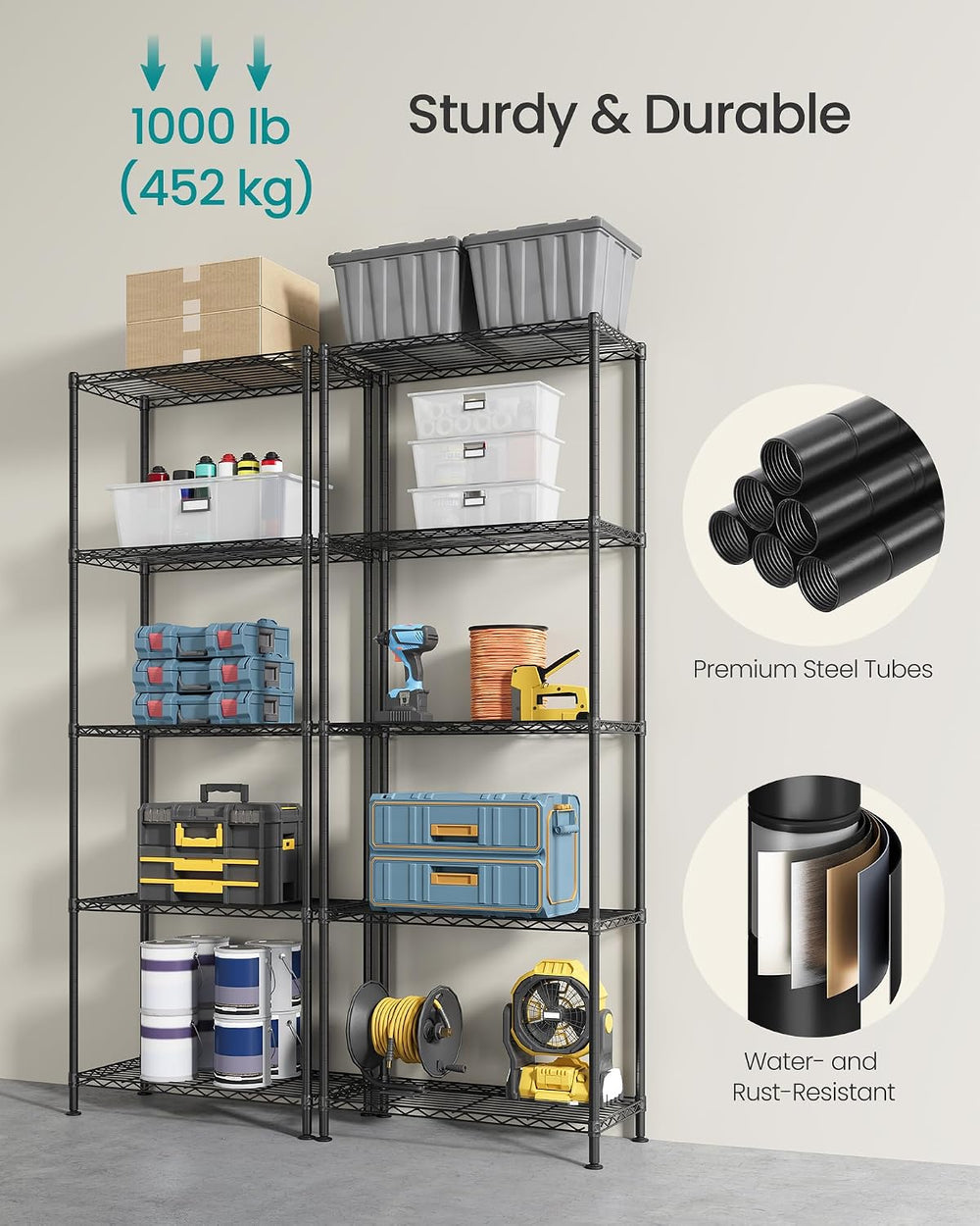 SONGMICS 5-Tier Storage Shelves, Adjustable Wire Shelving Unit, 8 Hooks
