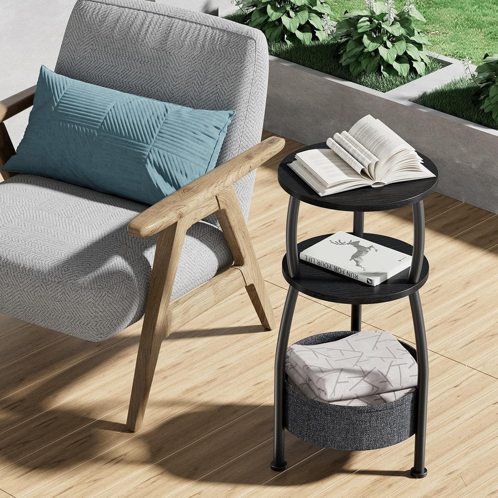 Small Round Side Table for Living Room with Storage Basket, 11.81in