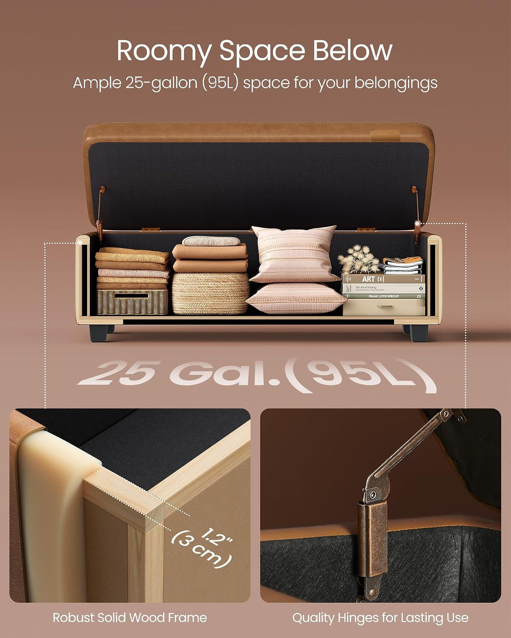 VASAGLE Storage Ottoman Bench with Stitching, PU Leather, Entryway Bedroom