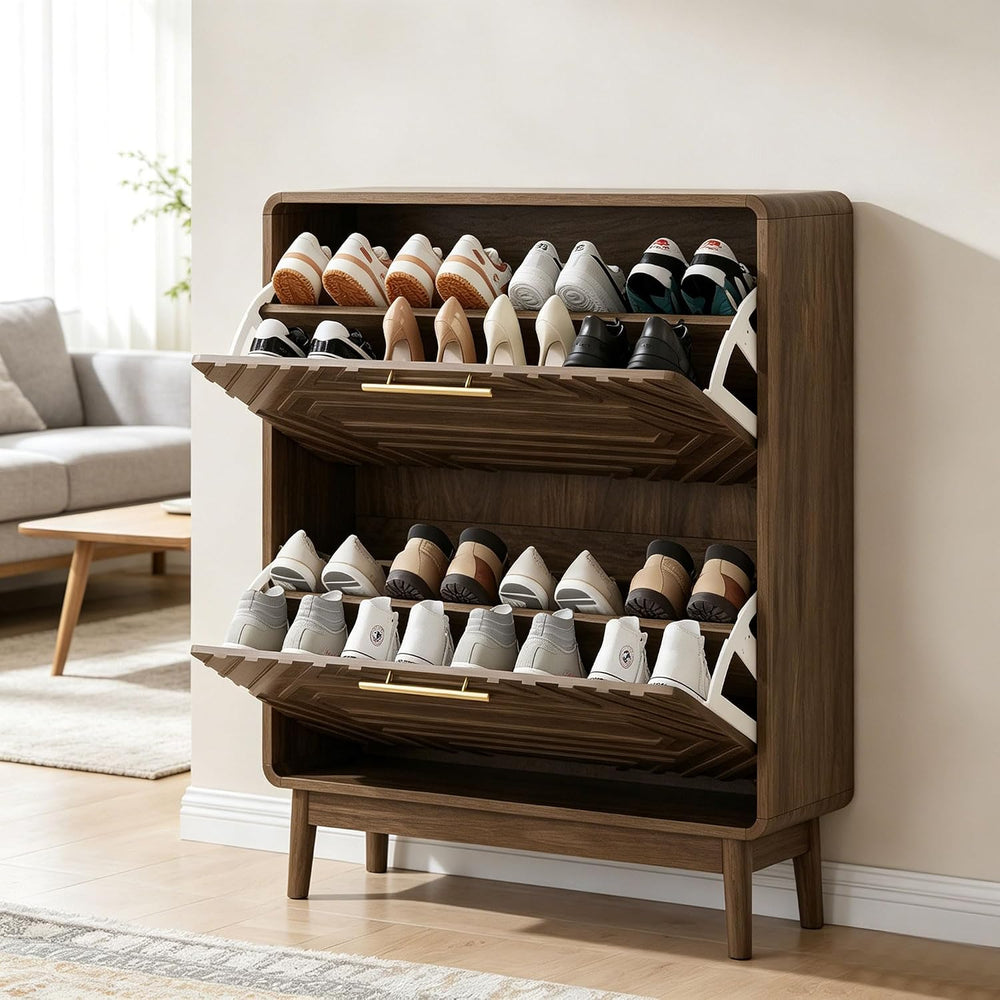 31.5" Walnut Slim Entryway Shoe Cabinet Freestanding Mid-Century Shoe St...
