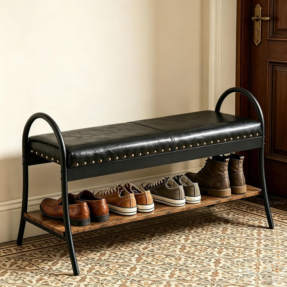 Forteek 39.4" Shoe Bench with Shelf, Industrial Faux Leather Entryway Bench