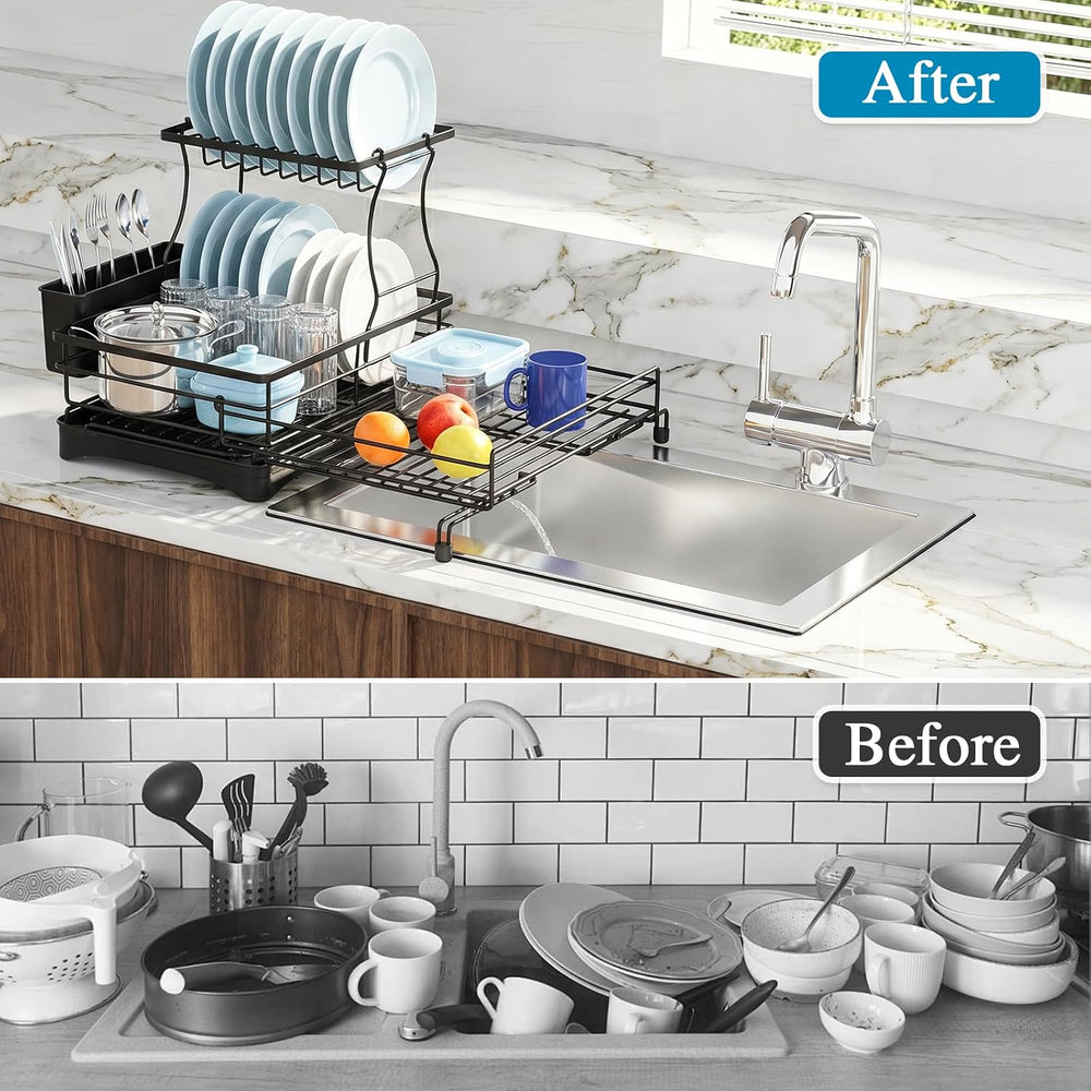 2 Tier Dish Drying Rack, Large Extendable Dish Racks for Kitchen Counter , Di...