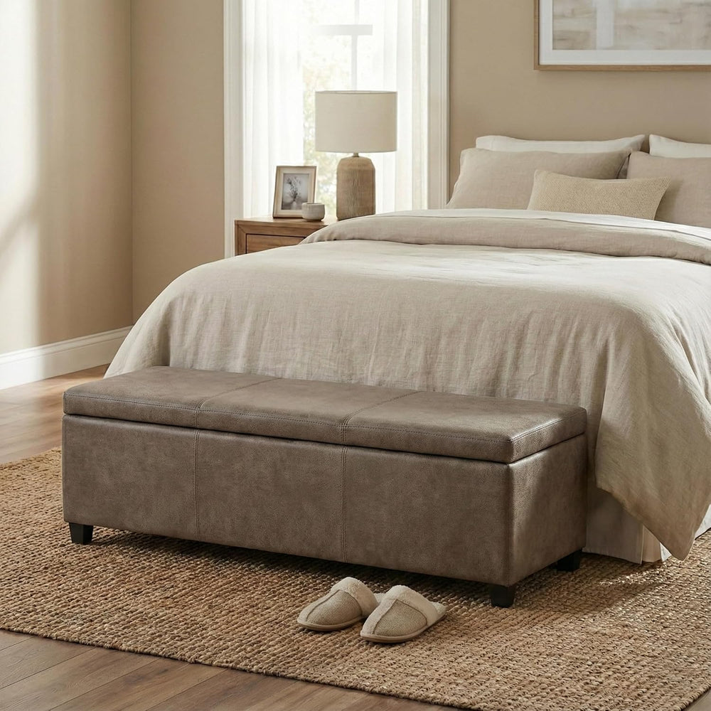 SIMPLIHOME Avalon 48" Wide Vegan Leather Storage Ottoman in Grey Brown