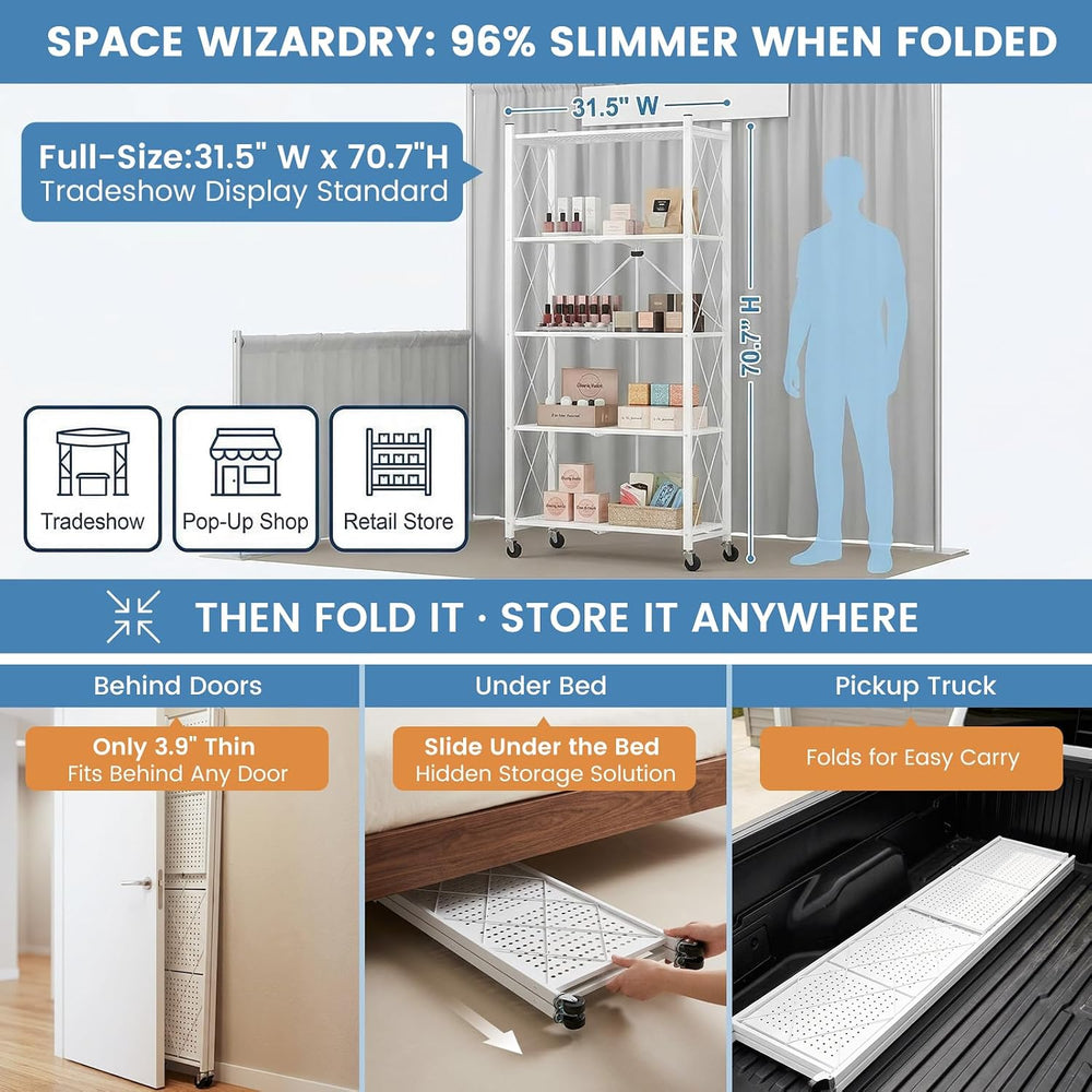 ALANNG 70.7" H Metal Storage Shelves, 5 Tier Folding Shelf on Wheels