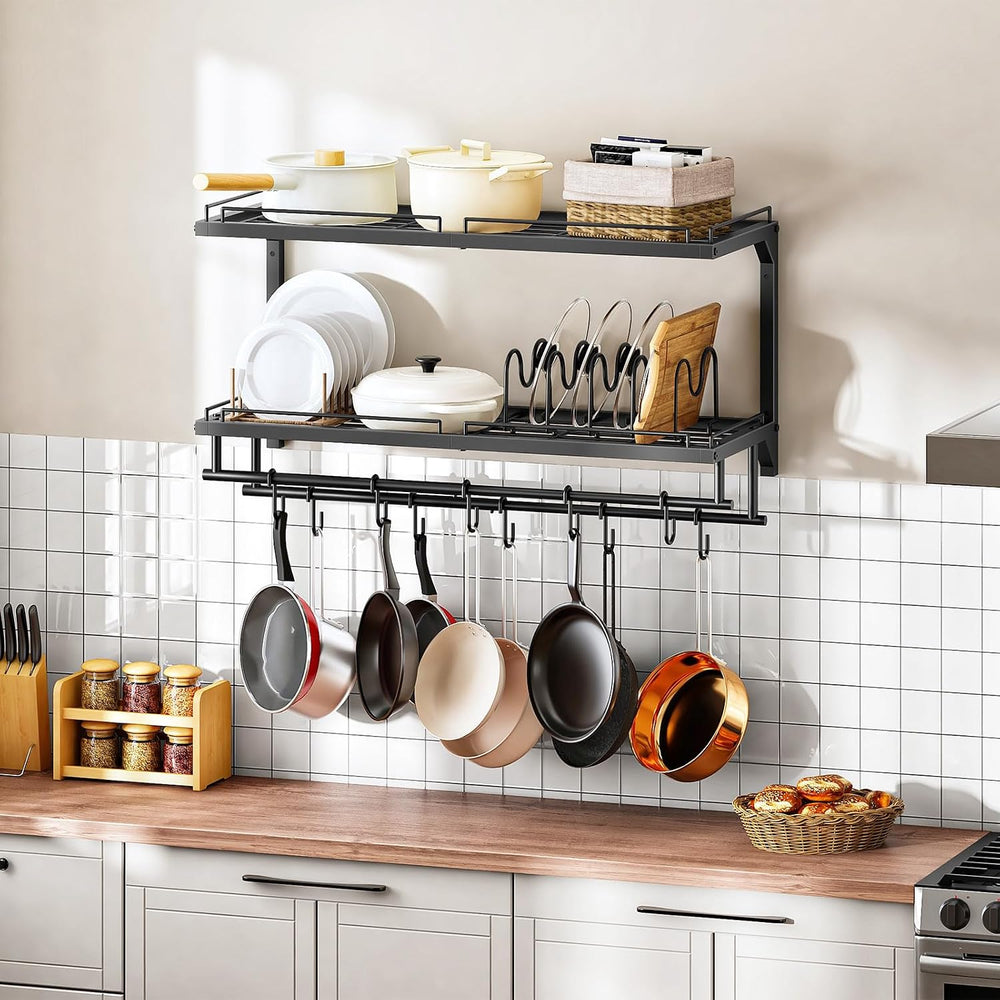 Pot Rack, Wall Mounted Pan Holder, 2-Tier Pot and Pan Organizer, Heavy Duty P...