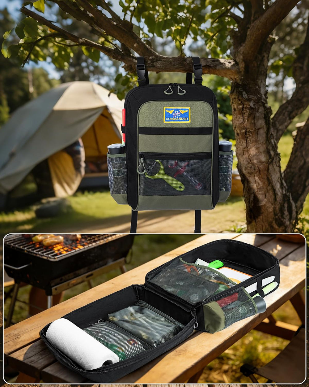 Marscamd Camp Kitchen Organizer Backpack with Paper Towel Holder, Black
