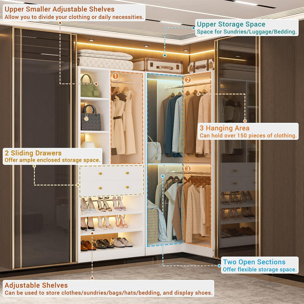 Besiost Corner Closet System with 2 Drawers, 3 Hanging Rods, 59.5" * 31....