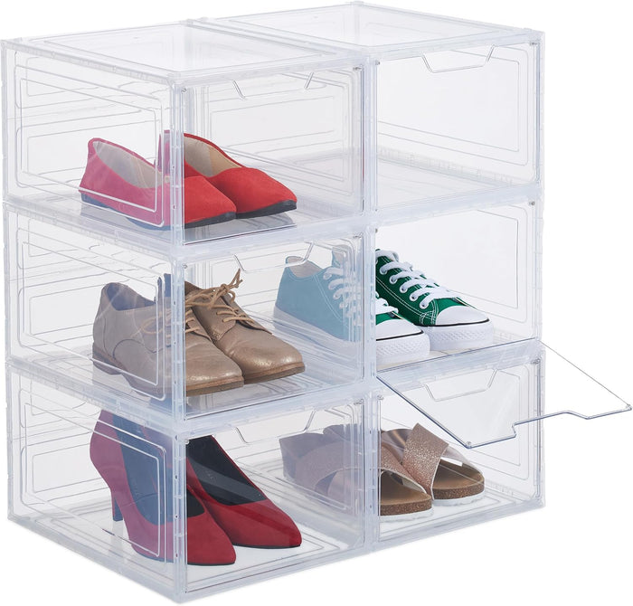 Relaxdays Set of 6 Shoe Storage Boxes, with Door, Stackable, for Footwear up to Size 50, Sneakers Organiser, Transparent, 18 x 25 x 34 cm