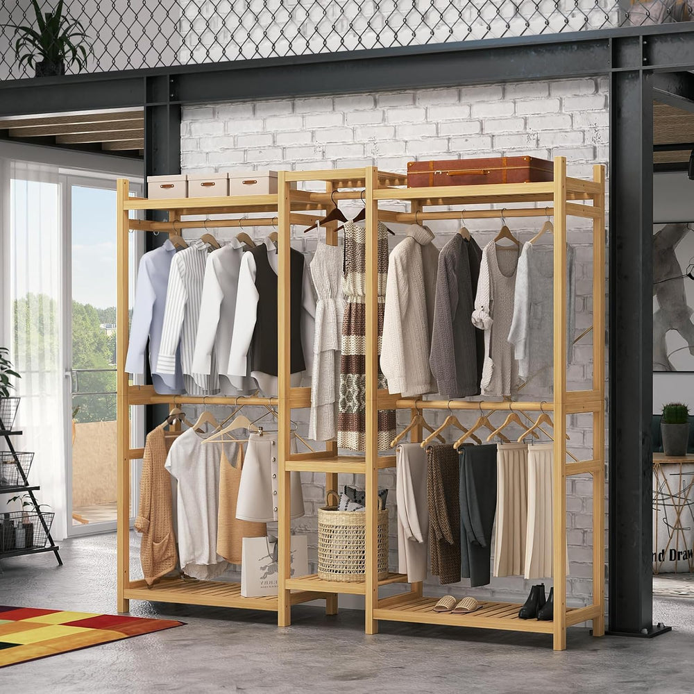 Homykic Bamboo Clothing Rack with 7 Shelves, 5 Hang Rods, 70” Wide, Natural