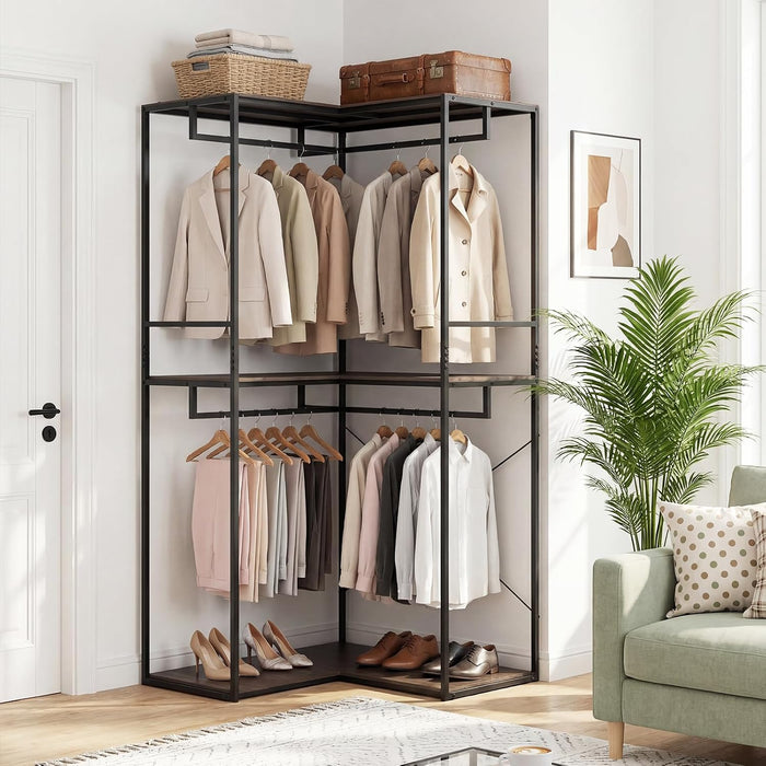 GIANTEX Heavy Duty Clothes Rack, 3-Tier L-Shaped Garment Rack w/3 Open Shelves & 2 Hanging Racks, Anti-Tippling Devices, Industrial Freestanding Closet Organizer for Bedroom, Living Room & Laundry