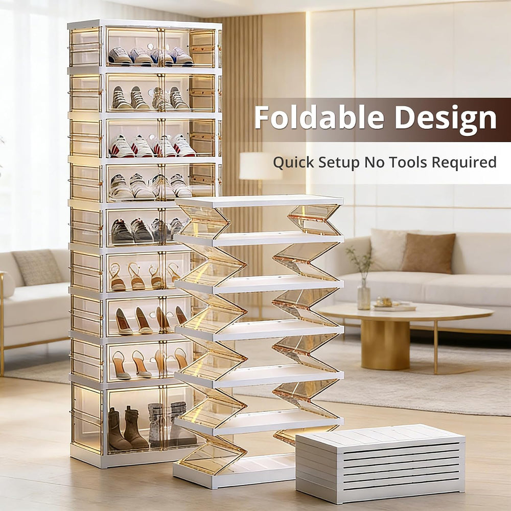 Foldable Shoe Cabinet, 9-Tier Rolling Rack with Magnetic Doors, 18 Pairs