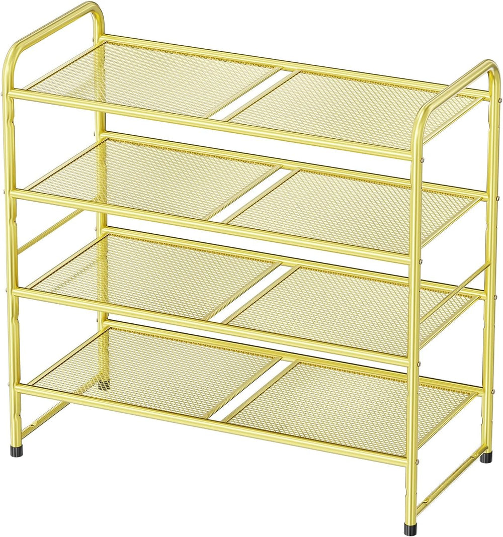 Modern Shoe Rack, 4 Tier Heavy Duty Metal Mesh Shoe Shelf 27 Inch Wide, Gold
