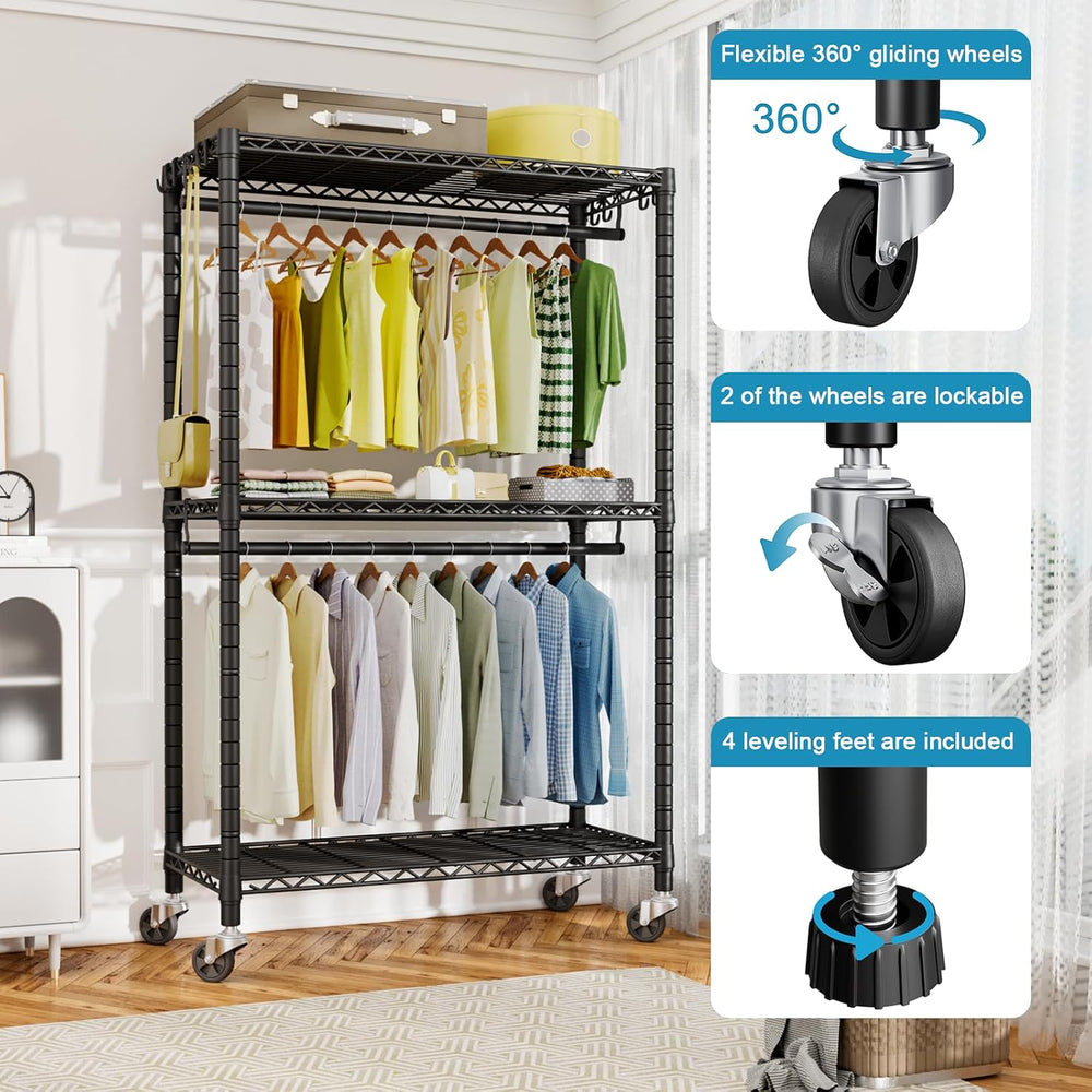FUTASSI P3 Rolling Clothes Rack, Clothing Racks for Hanging Clothes, Black