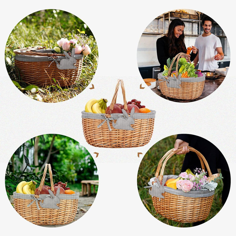 Good GAIN Picnic Basket with Folded Handles,Wicker Empty Basket.Grey