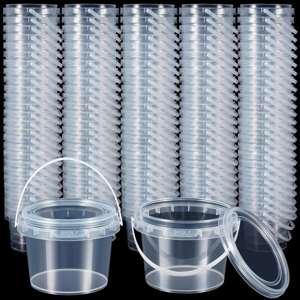 Maxcheck 100 Pcs Plastic Bucket with Lids and Handles Bulk, 10oz, Clear