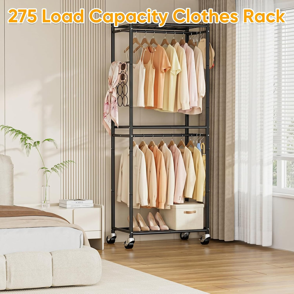 Aduanbang Heavy Duty Rolling Clothes Rack, 3 Tier Wire Shelving, Metal Garmen...
