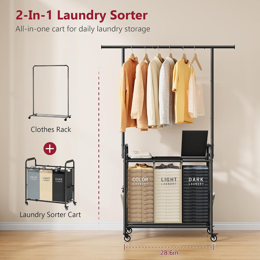 Tajsoon Laundry Sorter with Hanging Bar and Lid, 3 Section, 3 Colors