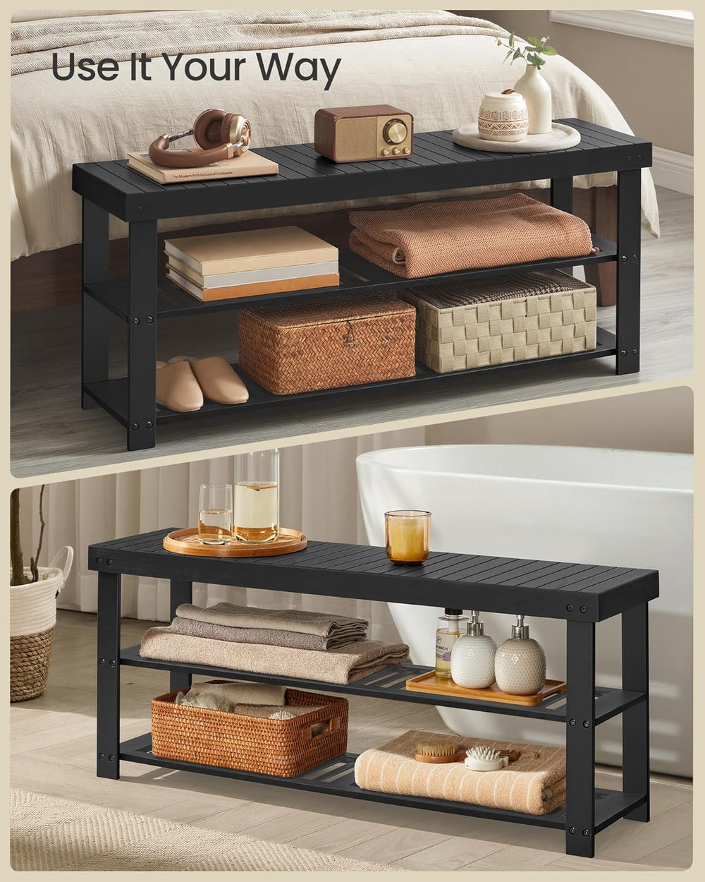 SONGMICS Shoe Rack Bench, 3-Tier Bamboo Entryway Bench, 42.9 Inches Width