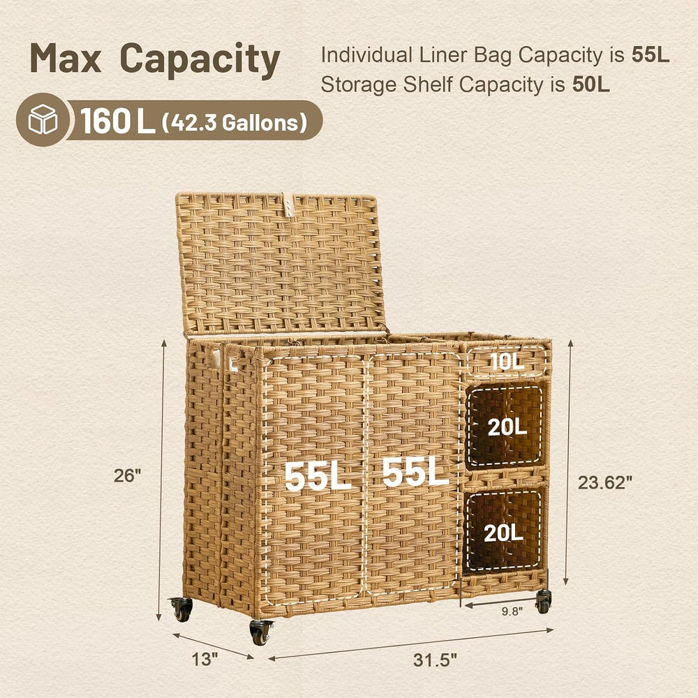 Laundry Hamper with Wheels, 42.3 Gal.(160 L) Laundry Sorter with Shelves, Rat...