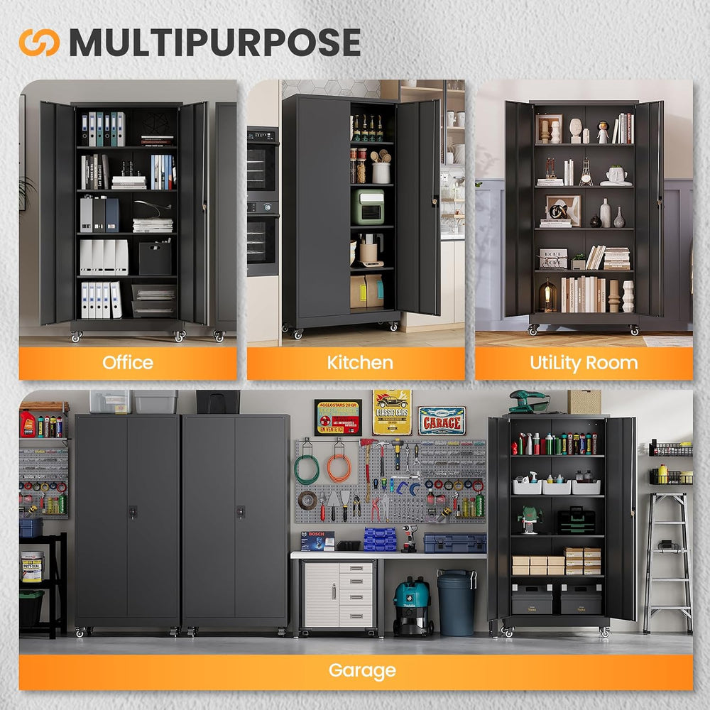 Metal Garage Storage Cabinets with Wheels, Rolling Tool Cabinet with Lock, Lo...