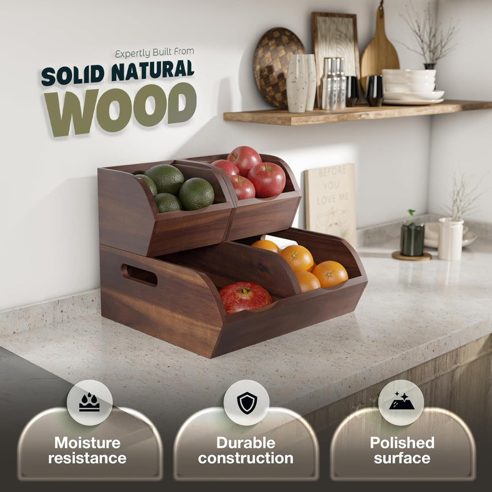 Acacia Wood Pantry Storage Bins - Stackable Open Front Kitchen Baskets