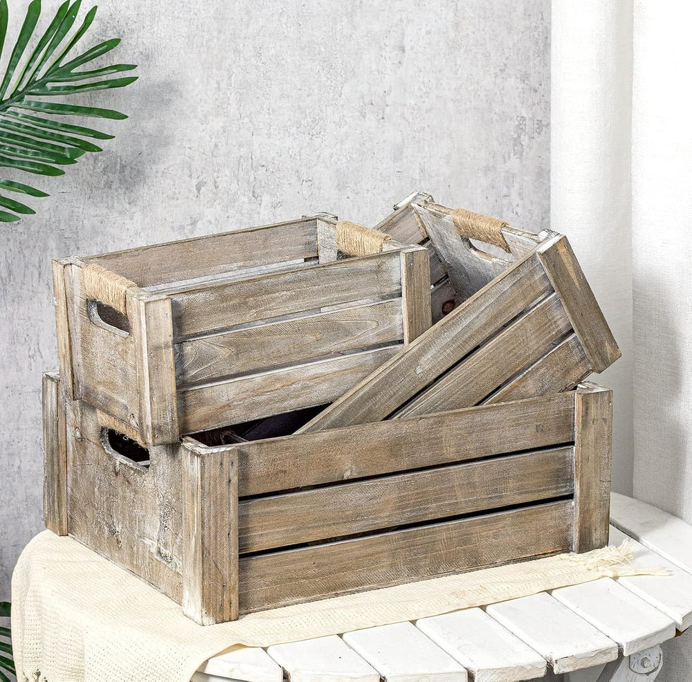 TIMRIS Set of 3 Rustic Wood Nesting Crates, Farmhouse Wooden Storage Containe...