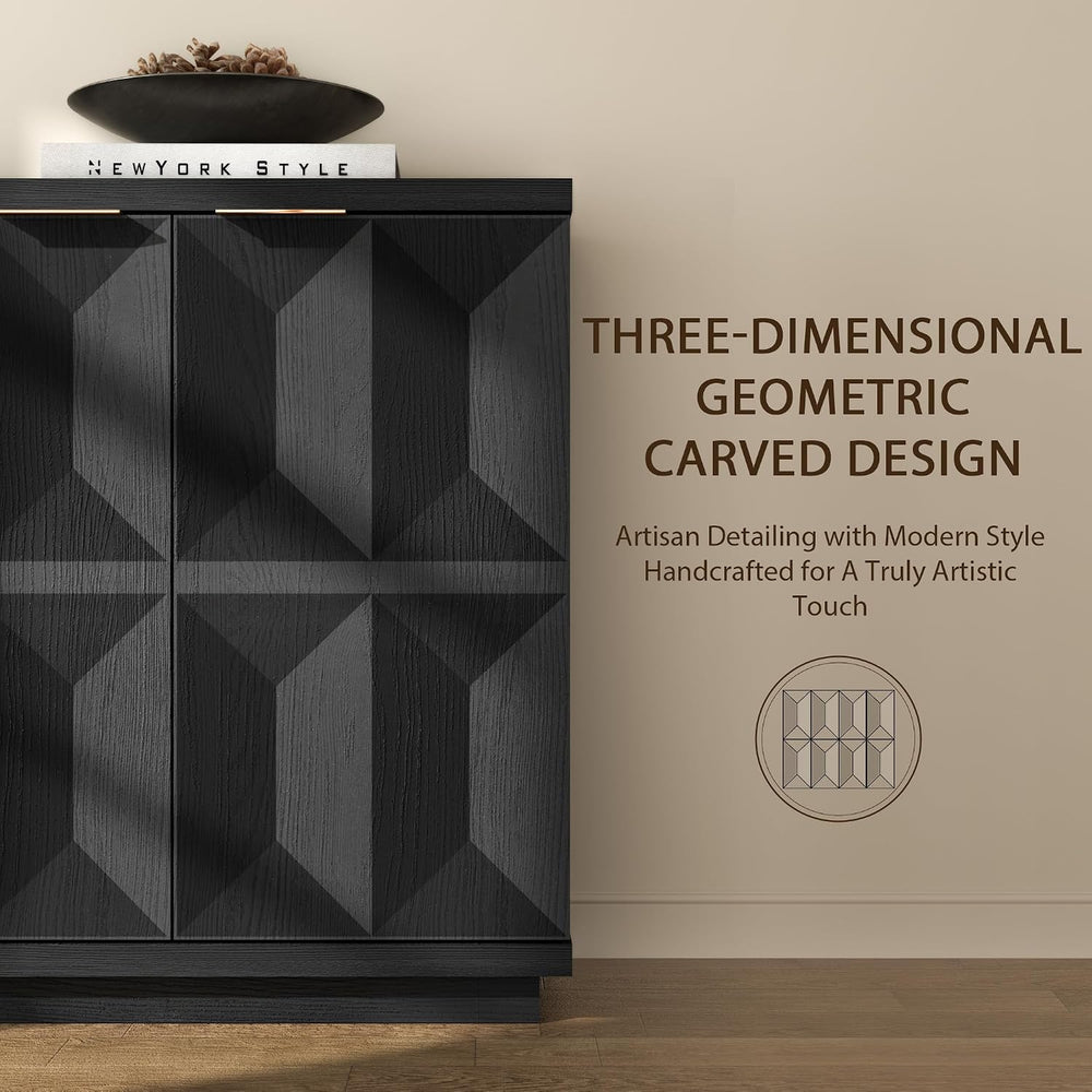 Yechen 118" W Modular Sideboard Cabinet with 3D Geometric Doors, Black