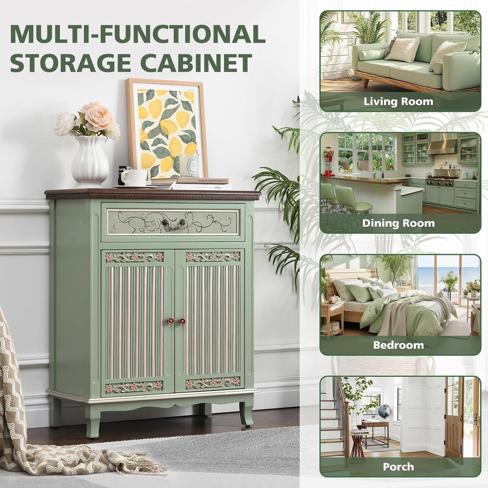 Ahokua Sage Green Accent Cabinet with Drawer and Textured Doors, Farmhouse St...