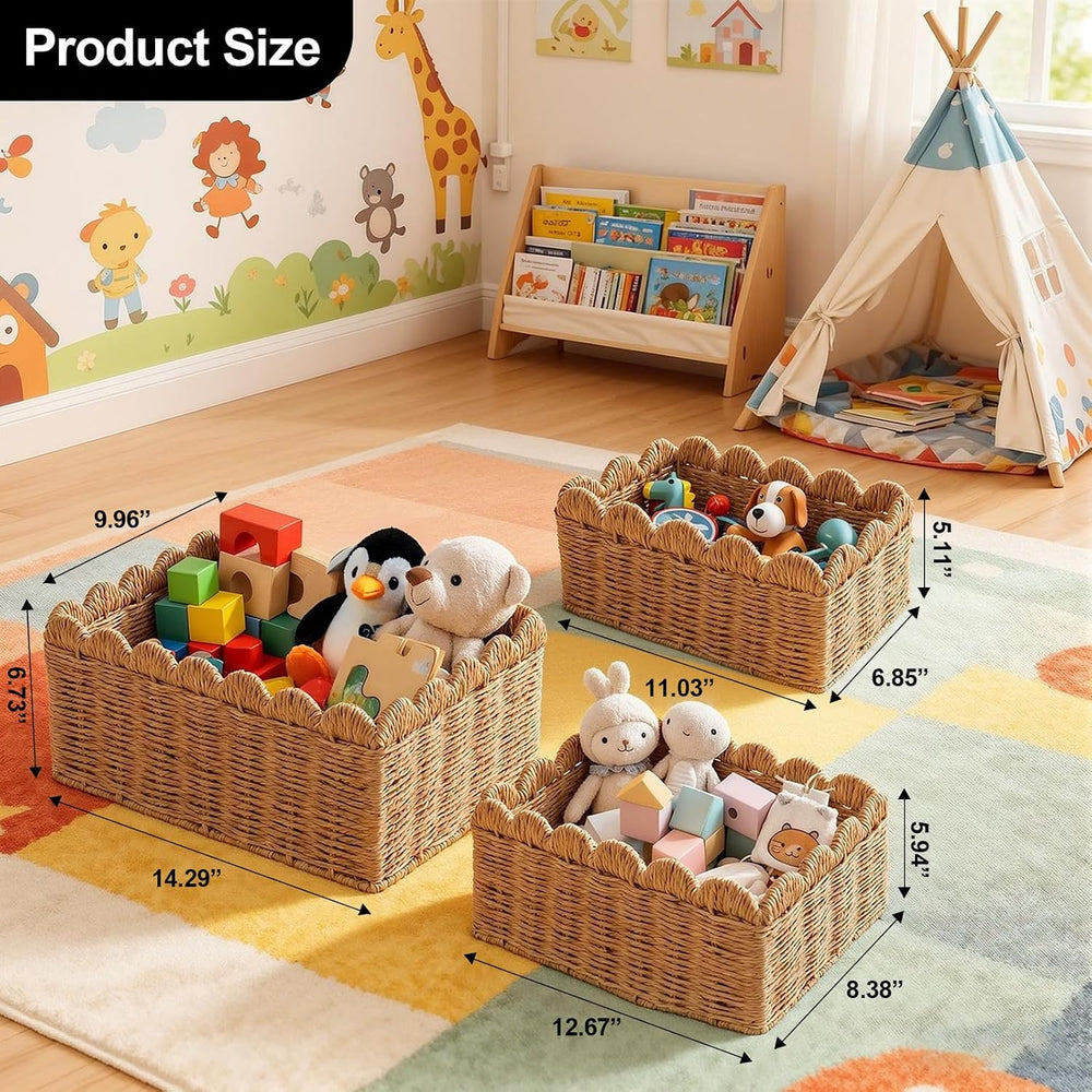 3 Pcs Wicker Baskets for Organizing,Scalloped Baskets, Hand-woven Wicker Stor...