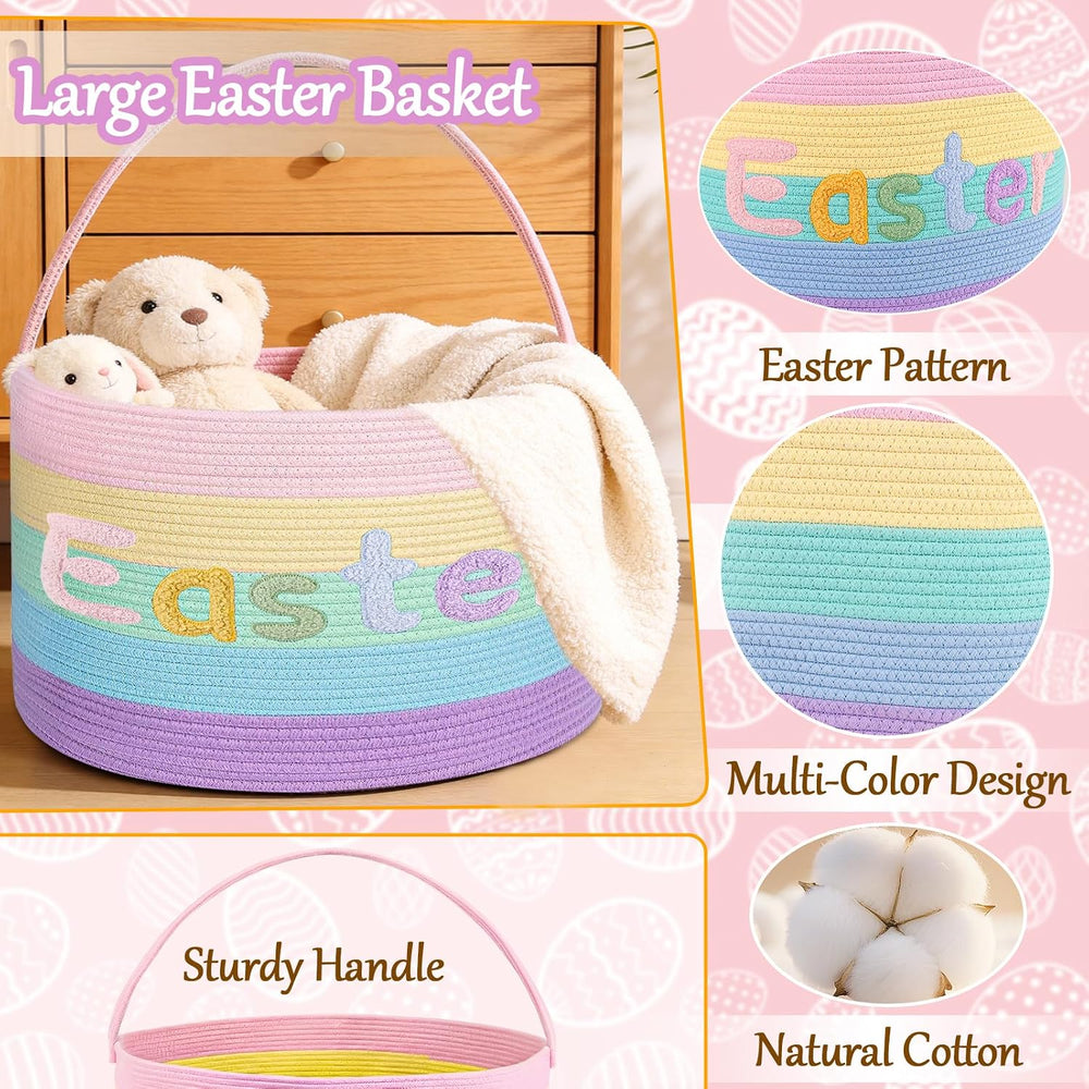 Rainbow Easter Basket, Extra Large Easter Egg Hunting Basket, Woven Cotton Ro...