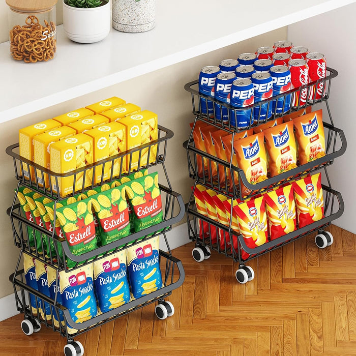 3-Tier Rolling Pantry Cart with Wheels, Stackable Wire Storage Floor Organizer for Kitchen Pantry Snack Shelves, Fruit Basket Stand, Vegetable Storage Rack for Food Snacks Onion Potato, Black, 2 Pack