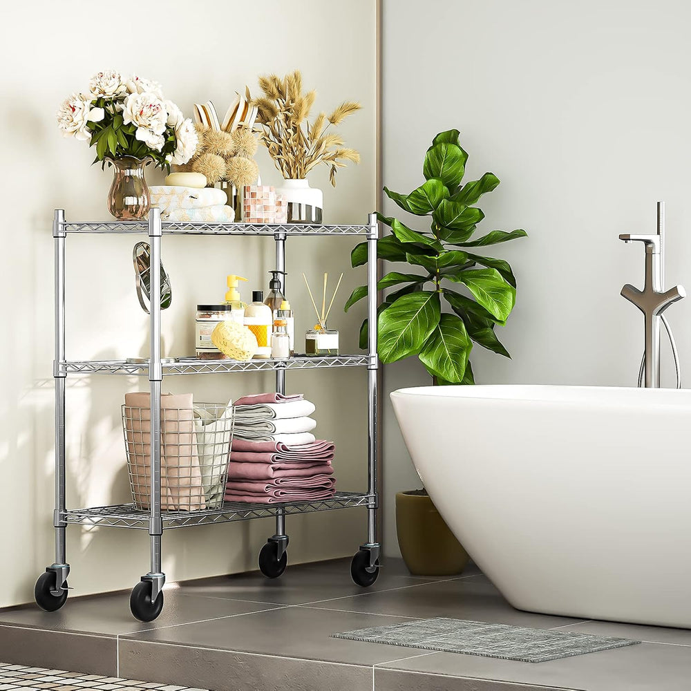 Auslar 3-Tier Storage Shelves with Casters Heavy Duty Metal Shelving Chrome