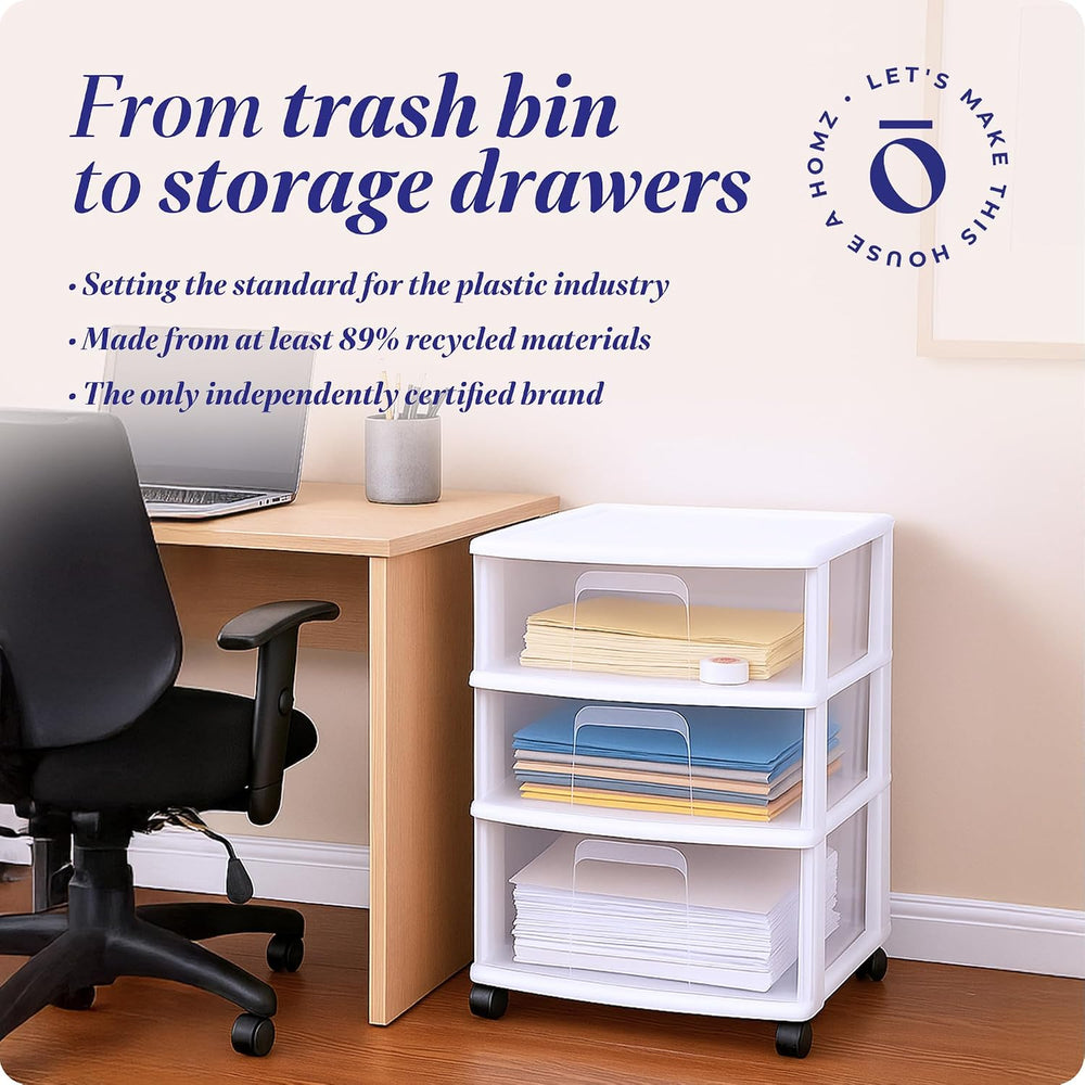 HOMZ Drawer Tower, 3-Tier Storage Cart with Removable Wheels, White Frame