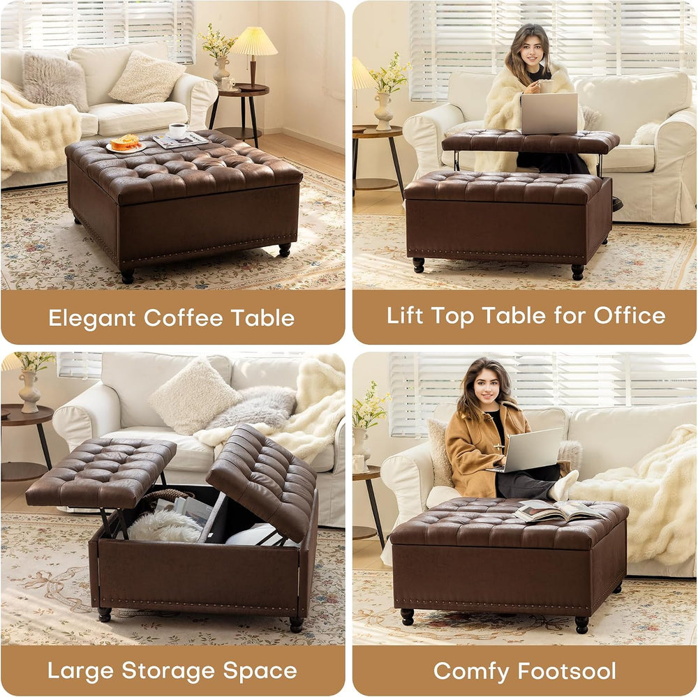 Redlife 35 Inch Large Square Storage Ottoman, Coffee Table Ottoman, Faux