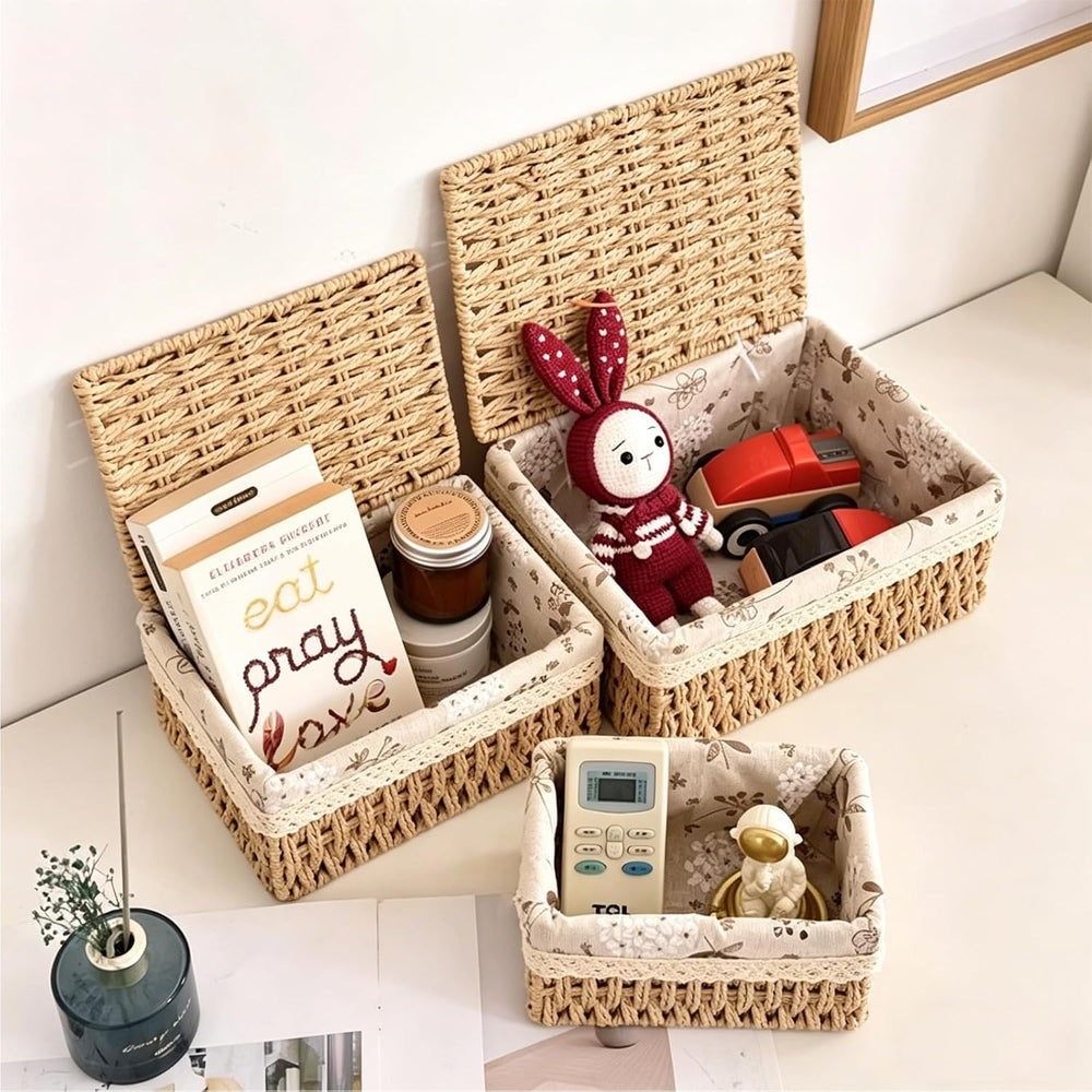 Wicker Storage Baskets with Lids, Set of 3 Nesting Natural Rattan Organizer B...