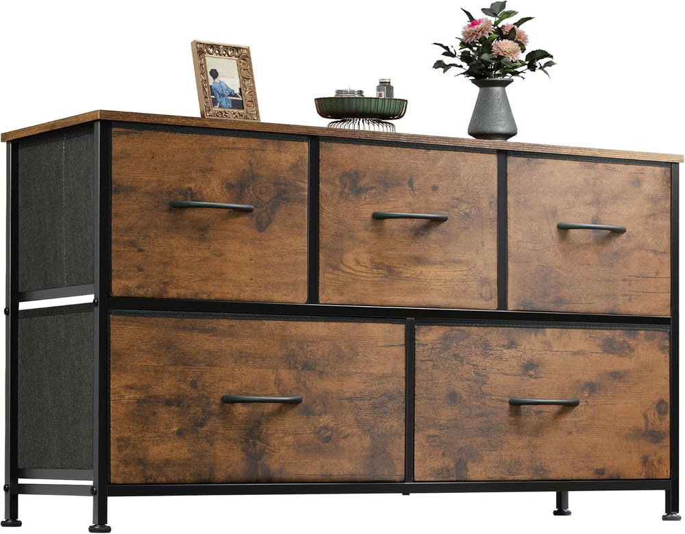 WLIVE Wide Dresser for Bedroom, 5 Drawer Chest of Drawers, Rustic Brown