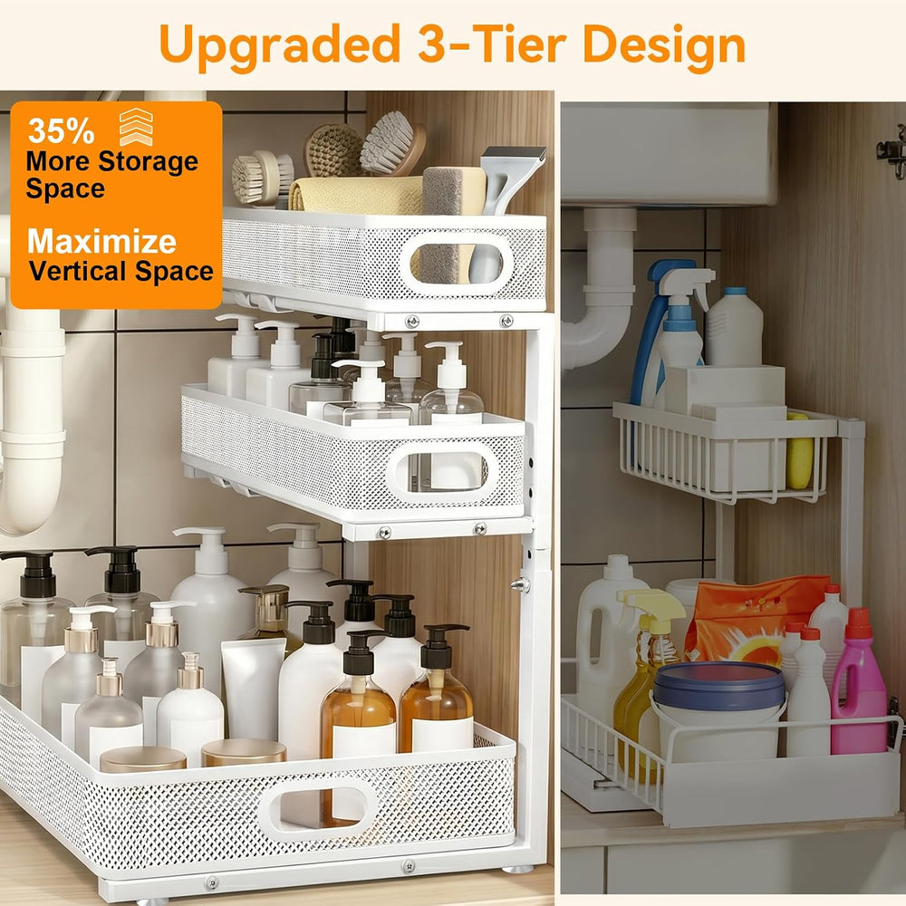 3 Tier Adjustable Under Sink Organizer for Bathroom & Kitchen(2Pack, White)