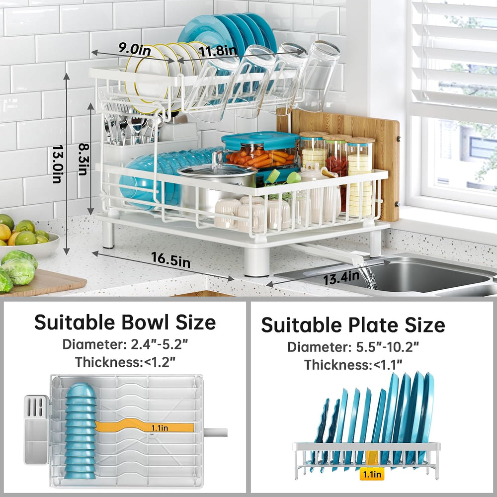 Large 2 Tier Detachable Dish Drying Rack for Kitchen Counter,White