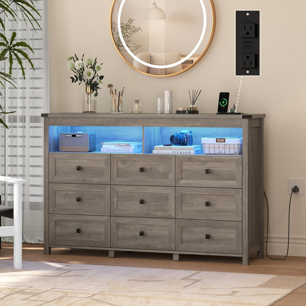 Wodeer 9 Drawer Dresser for Bedroom with LED Lights, Charging Station, Wood C...