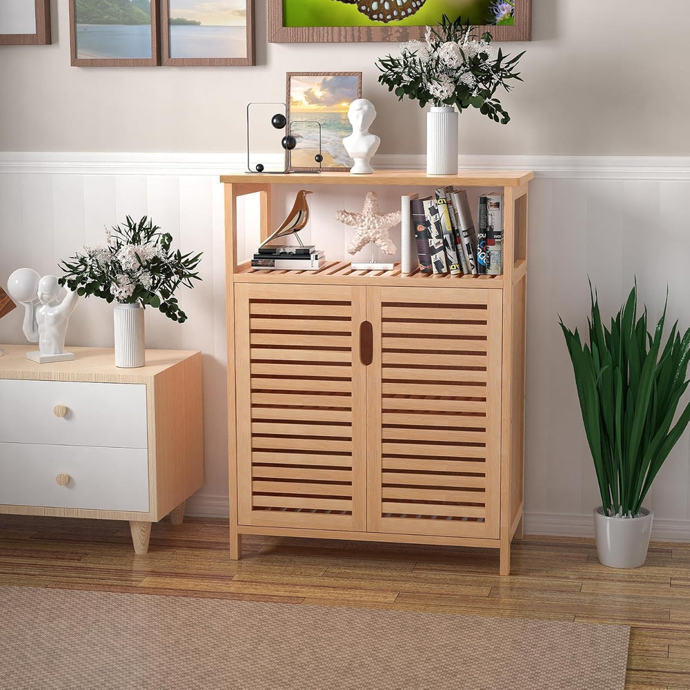 Bamboo Bathroom Storage Cabinet with 2 Doors, Floor Freestanding Cabinet