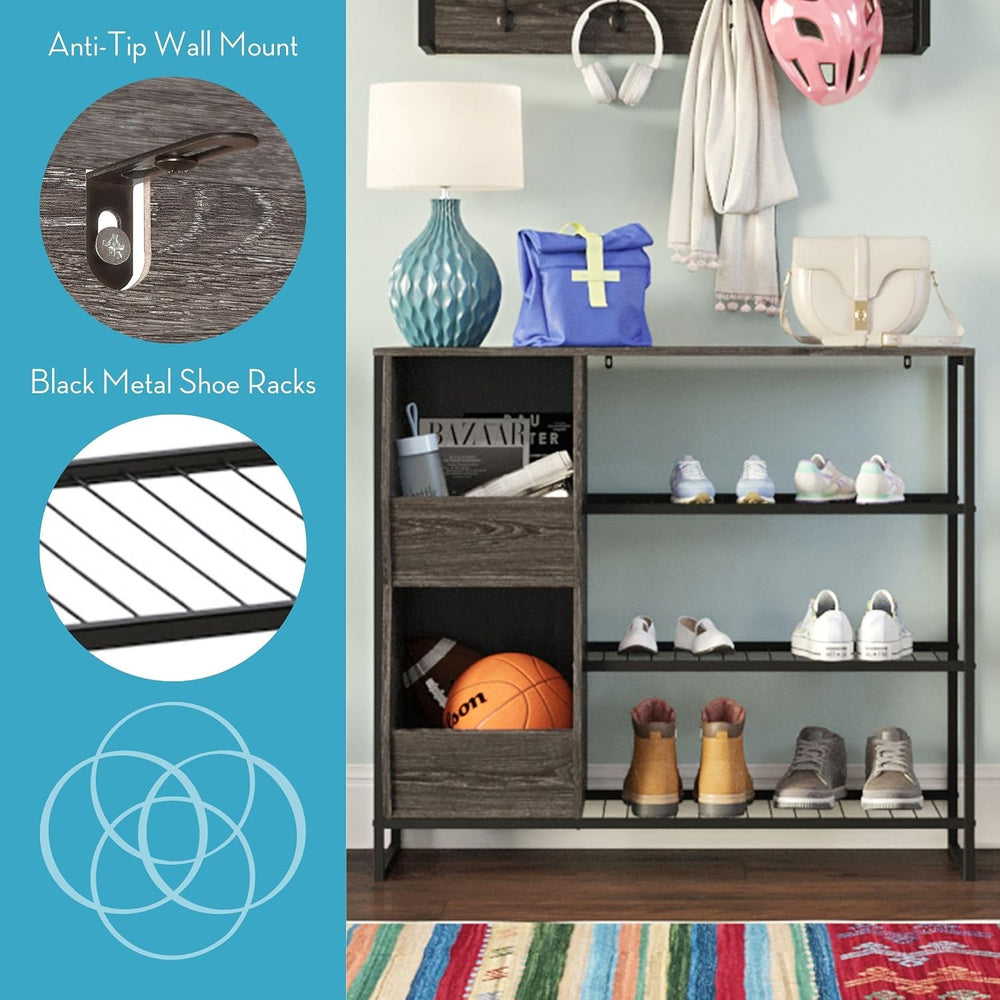 RiverRidge Afton Shoe Storage Organizer, Black Frame + Weathered Woodgrain